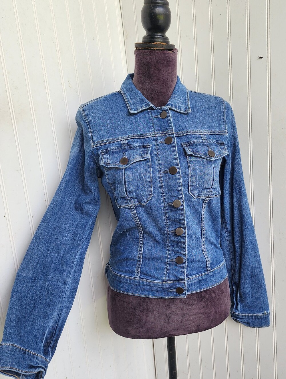 Kut From The Kloth Blue Stretch Fitted Crop Denim Jacket Faithfully Sz M - Picture 2 of 15